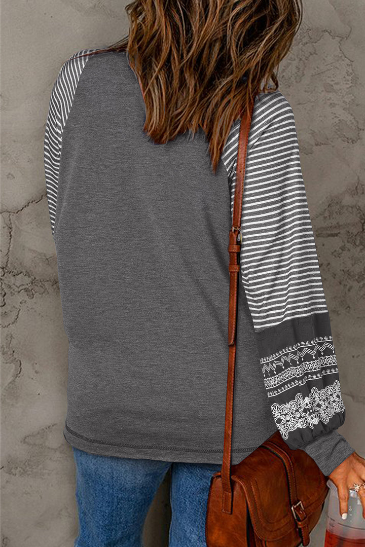 Navy Blue Contrast Print Striped Raglan Long Sleeve Loose Top