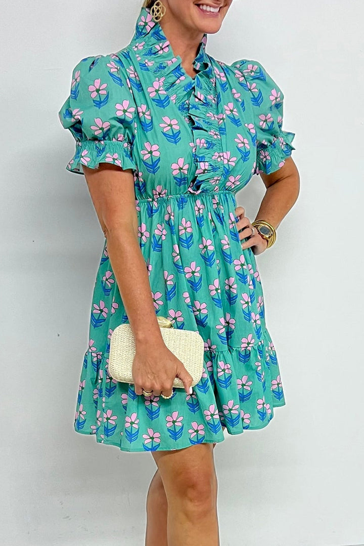 Green Floral Print Frilly Smocked Detail High Waist Mini Dress - Lulubelles Clothing and Accessories