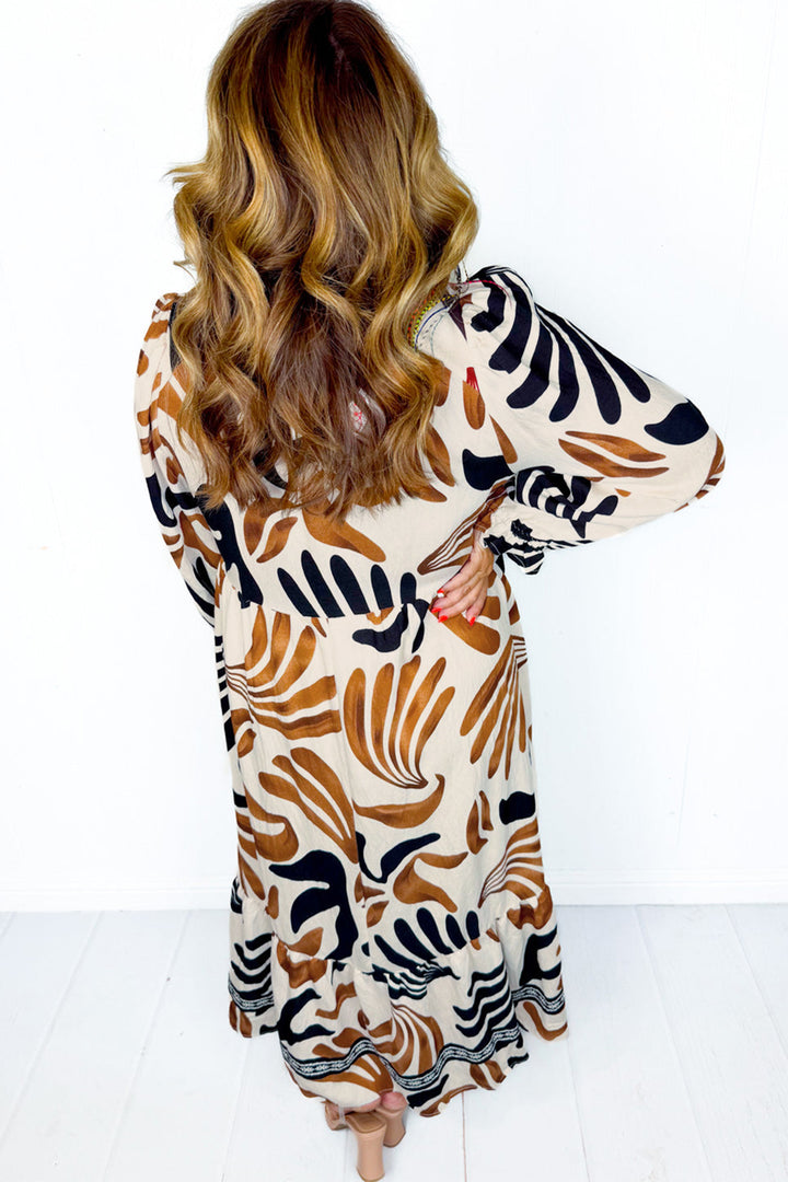 White Plus Size Abstract Print Contrast Collar Split Neck Shift Long Dress - Lulubelles Clothing and Accessories