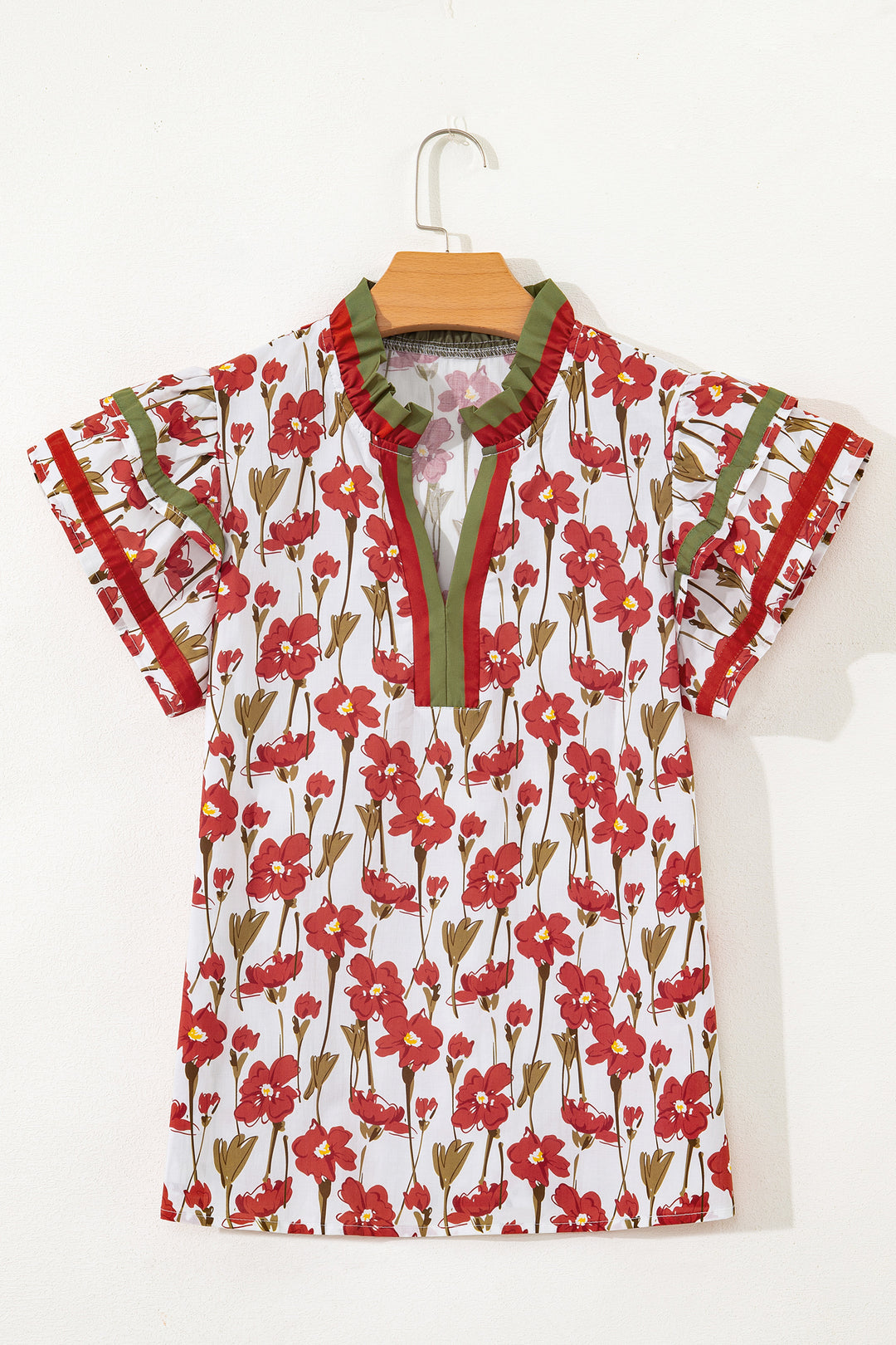 Red Floral Print Contrast Trim V Neck Double Ruffled Short Sleeve Blouse - Lulubelles Clothing and Accessories