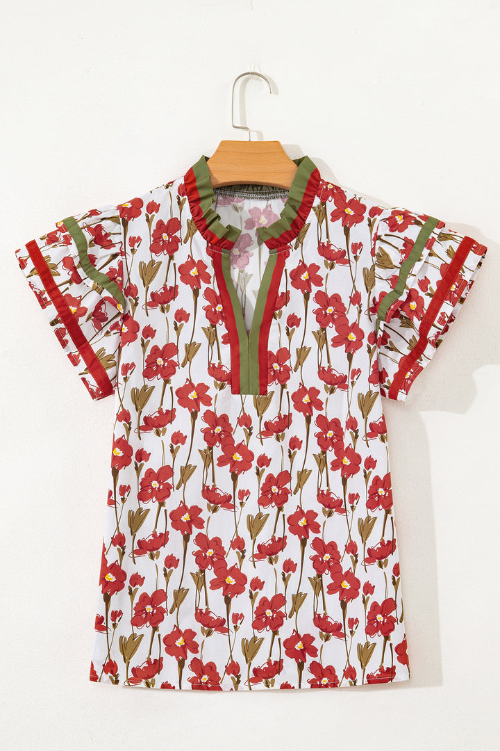 Red Floral Print Contrast Trim V Neck Double Ruffled Short Sleeve Blouse - Lulubelles Clothing and Accessories
