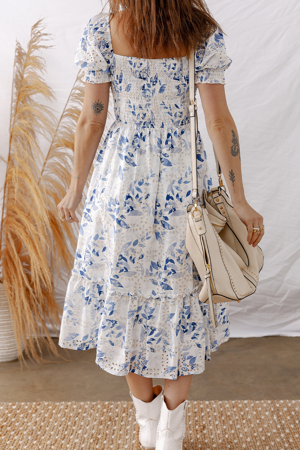 Sky Blue Smocked Bodice Short Puff Sleeve Tiered Floral Midi Dress - Lulubelles Clothing and Accessories