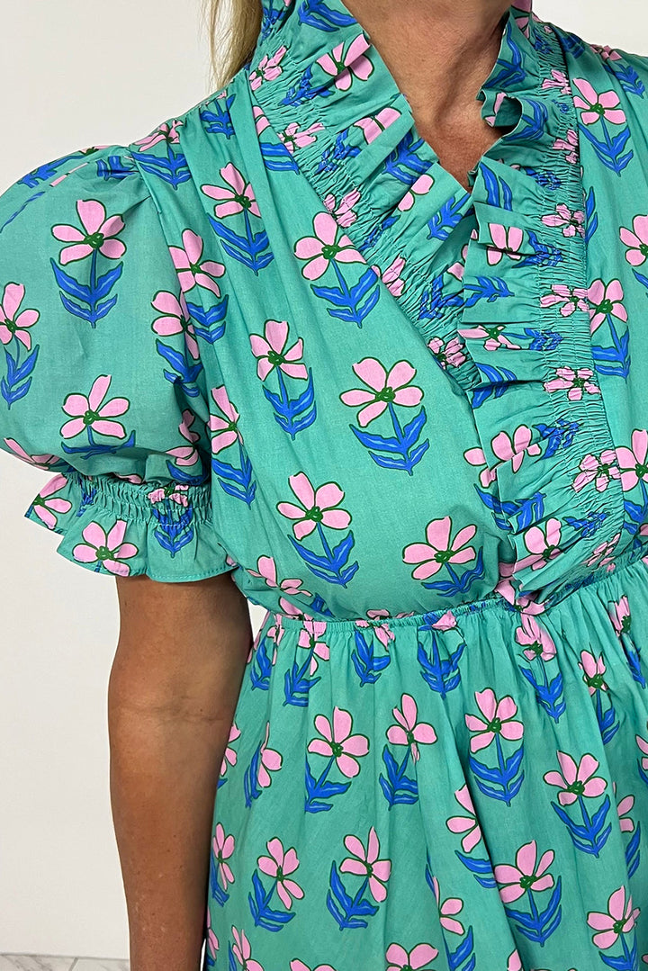Green Floral Print Frilly Smocked Detail High Waist Mini Dress - Lulubelles Clothing and Accessories