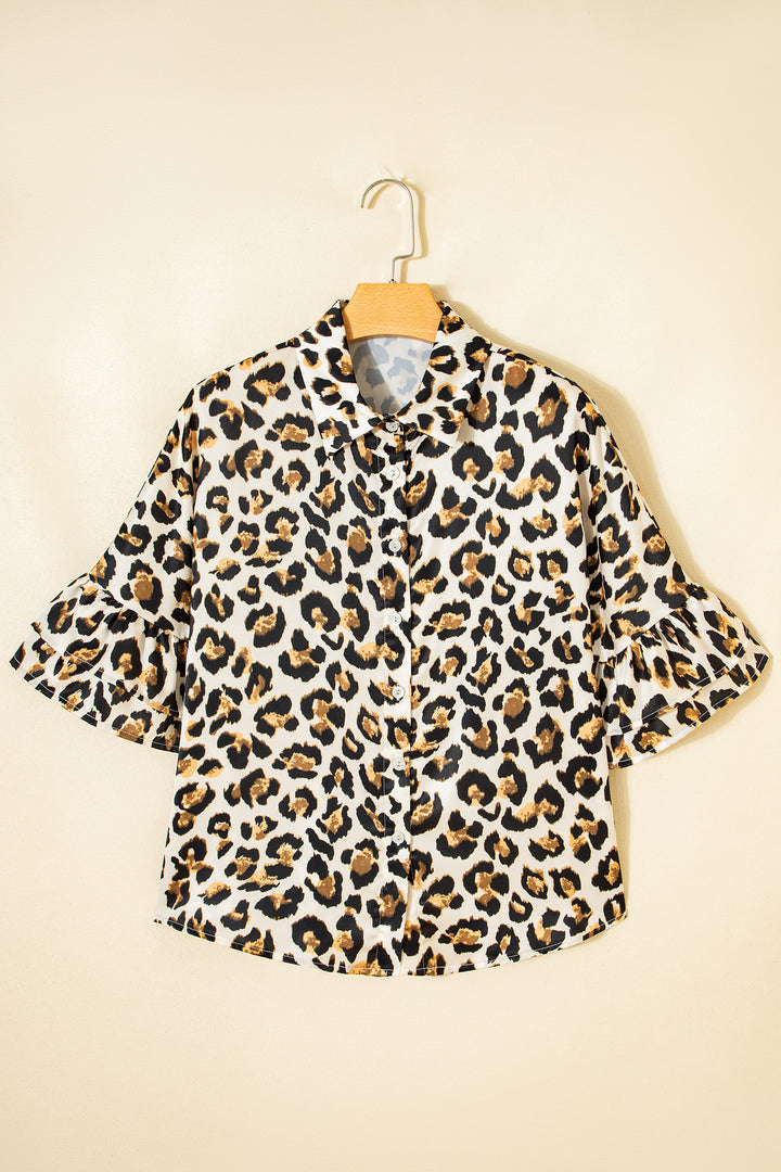 Khaki Leopard Print Ruffle Trim 3/4 Sleeve Loose Shirt - Lulubelles Clothing and Accessories