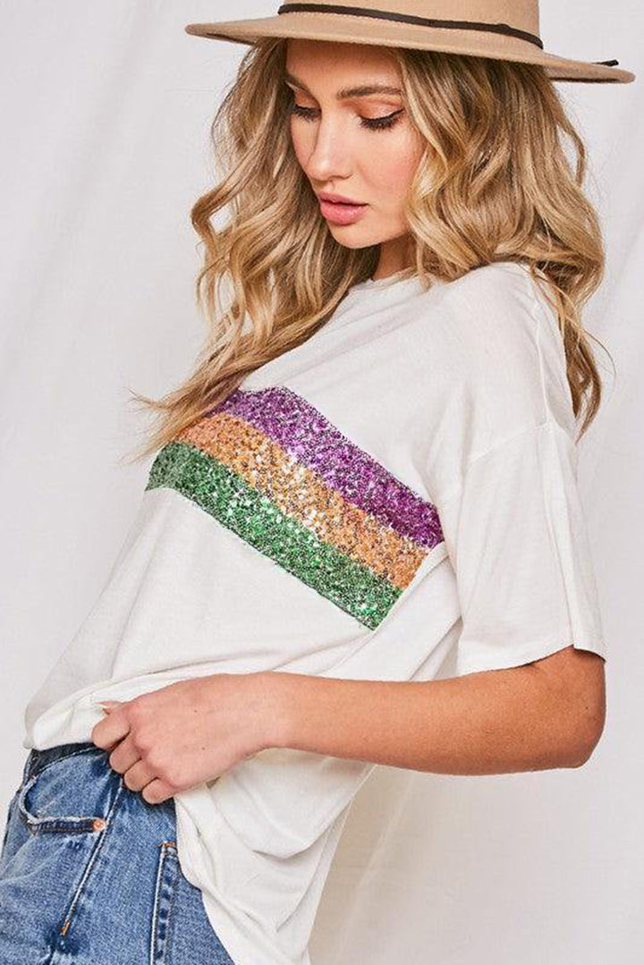 Black Colorblock Sequin Mardi Gras Crewneck T Shirt