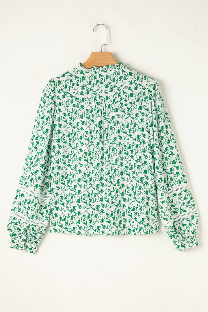 Green Printed Lace Detail Floral Puff Sleeve Fall Shirt