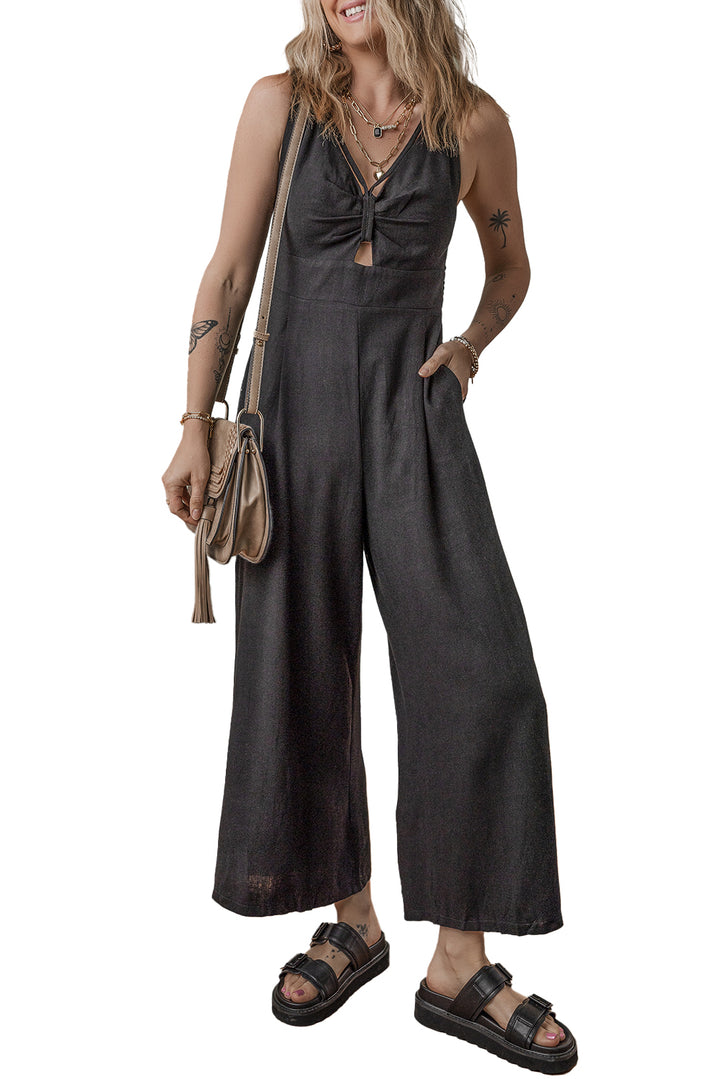 Black Front Cut Out Smocked Back Sleeveless Wide Leg Jumpsuit