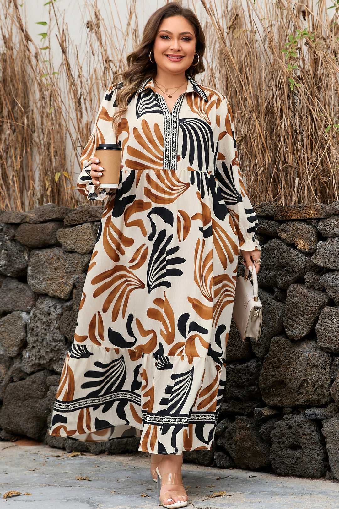 White Plus Size Abstract Print Contrast Collar Split Neck Shift Long Dress - Lulubelles Clothing and Accessories