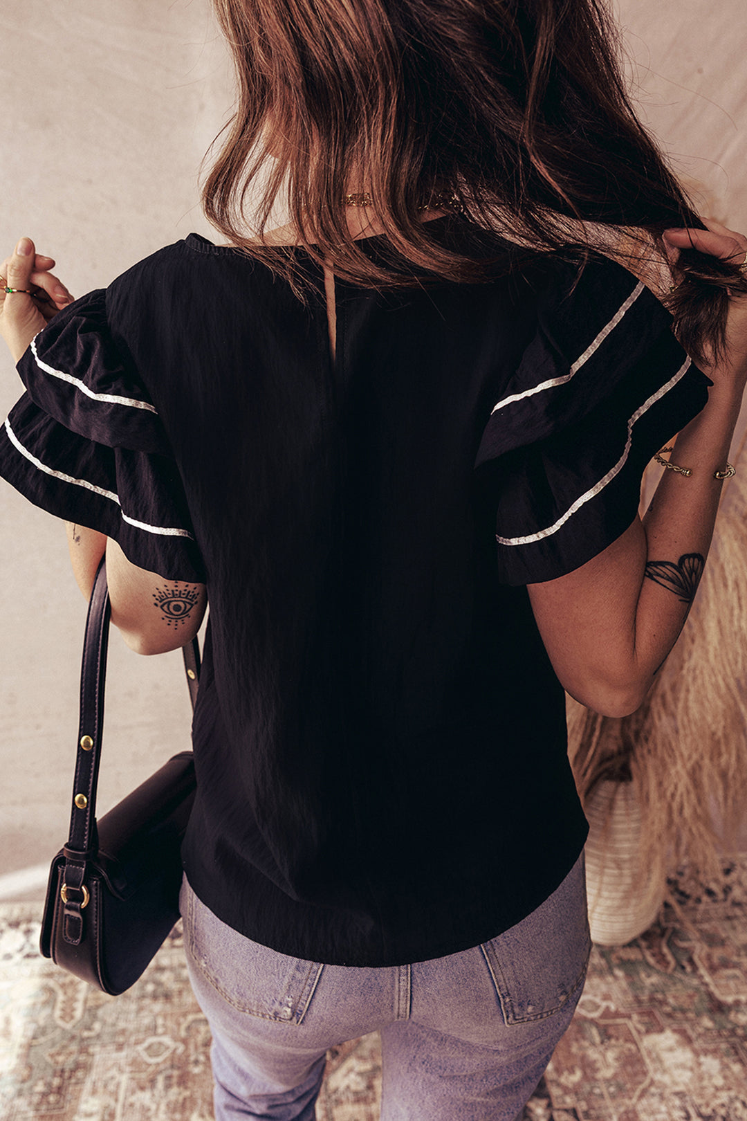 Black Contrast Trim Dual Ruffle Short Sleeve Textured Blouse - Lulubelles Clothing and Accessories