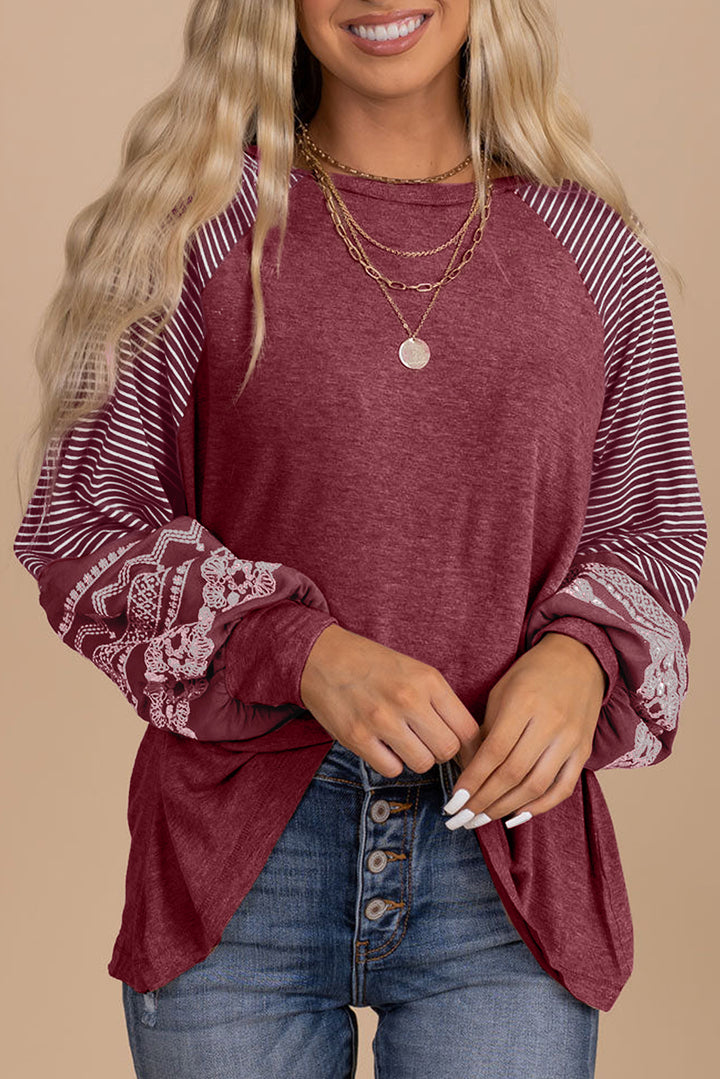 Navy Blue Contrast Print Striped Raglan Long Sleeve Loose Top