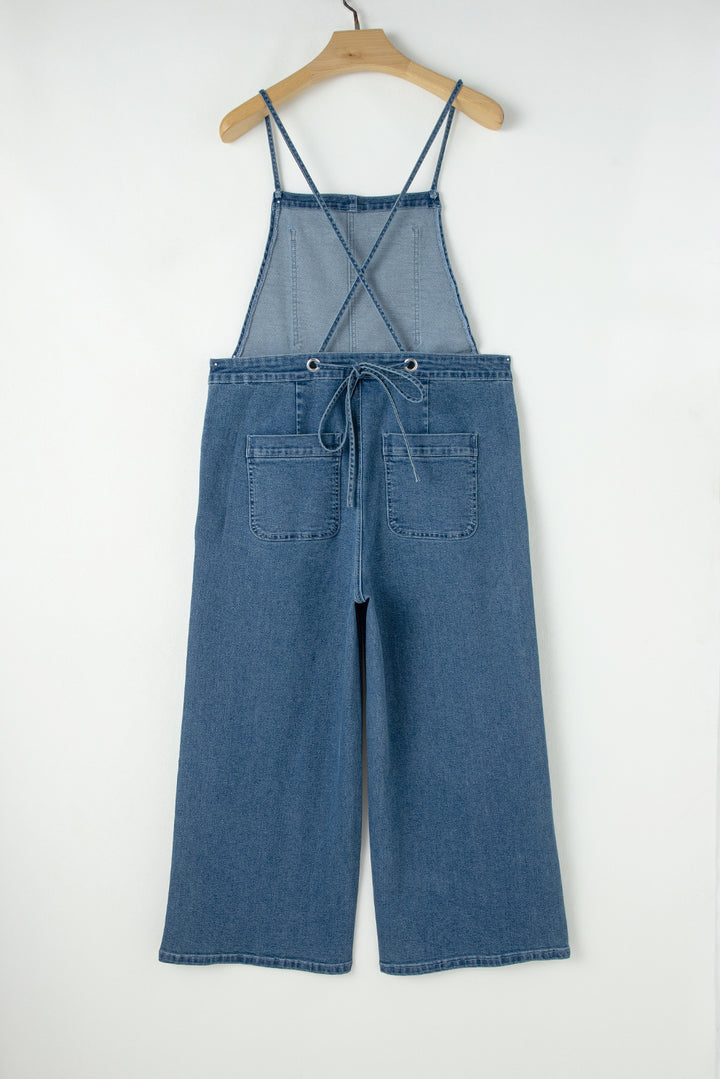 Dusk Blue Adjustable Tie Straps Cropped Wide Leg Denim Overalls - Lulubelles Clothing and Accessories