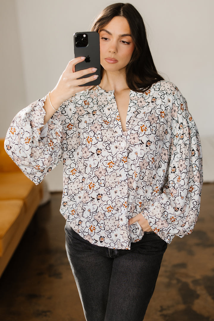 Khaki Bold Floral Print Frilled Puff Sleeve Button Down Shirt - Lulubelles Clothing and Accessories