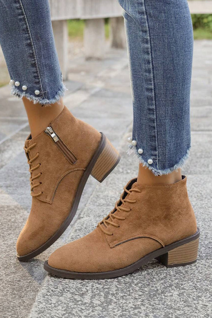 Chestnut Suede Zip Side Lace Up Ankle Boots