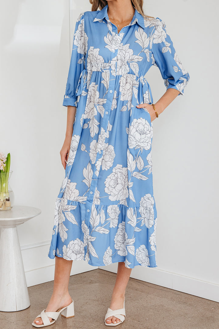 Sky Blue Floral Print Shirt Collar Button Down 3/4 Sleeve Ruffle Hem Long Dress - Lulubelles Clothing and Accessories