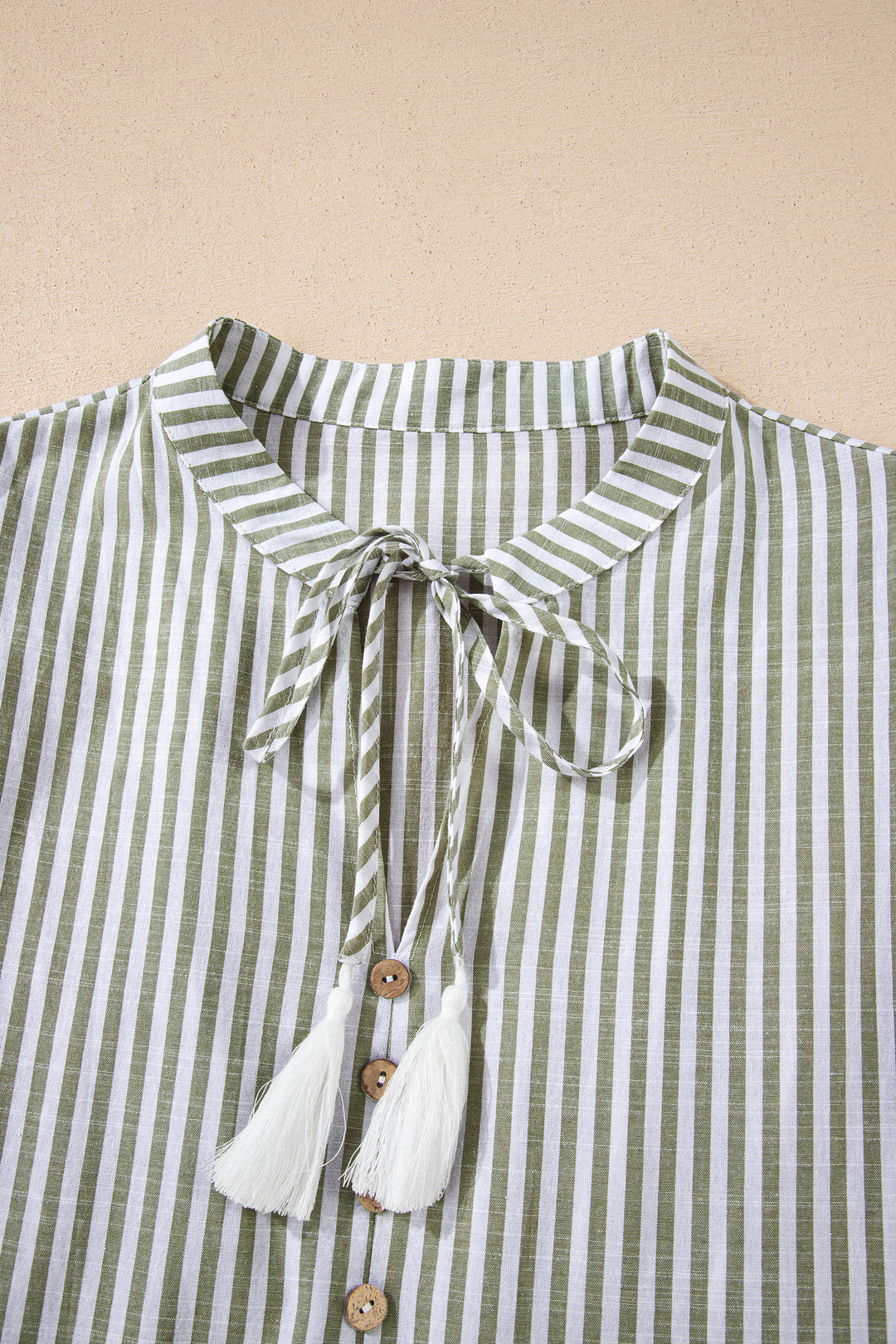 Green Stripe Tasseled Tie Neck Ruffled Short Sleeve Tiered Flattering Dress - Lulubelles Clothing and Accessories