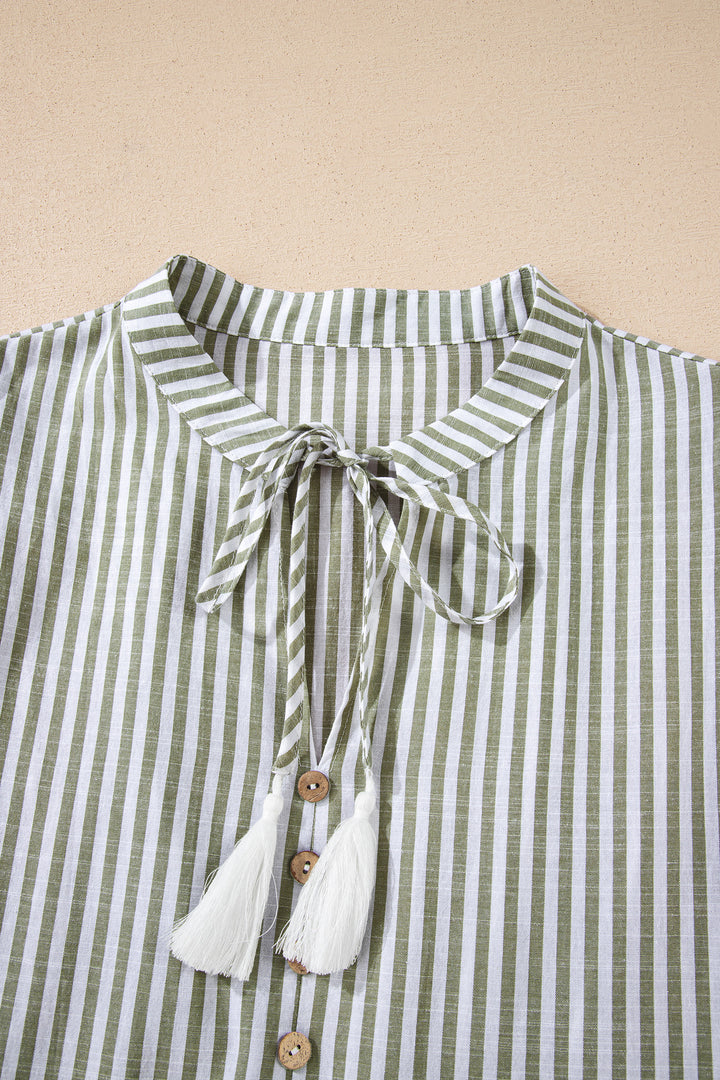 Green Stripe Tasseled Tie Neck Ruffled Short Sleeve Tiered Flattering Dress - Lulubelles Clothing and Accessories