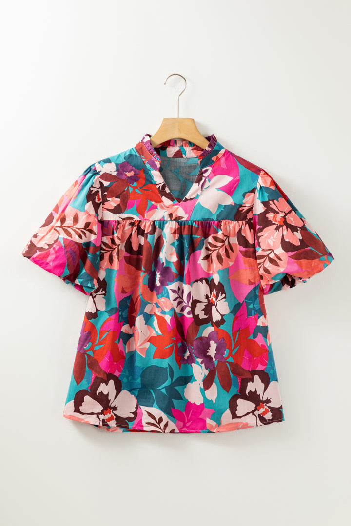 Rose Red Floral Print V Neck Lantern Sleeve Blouse