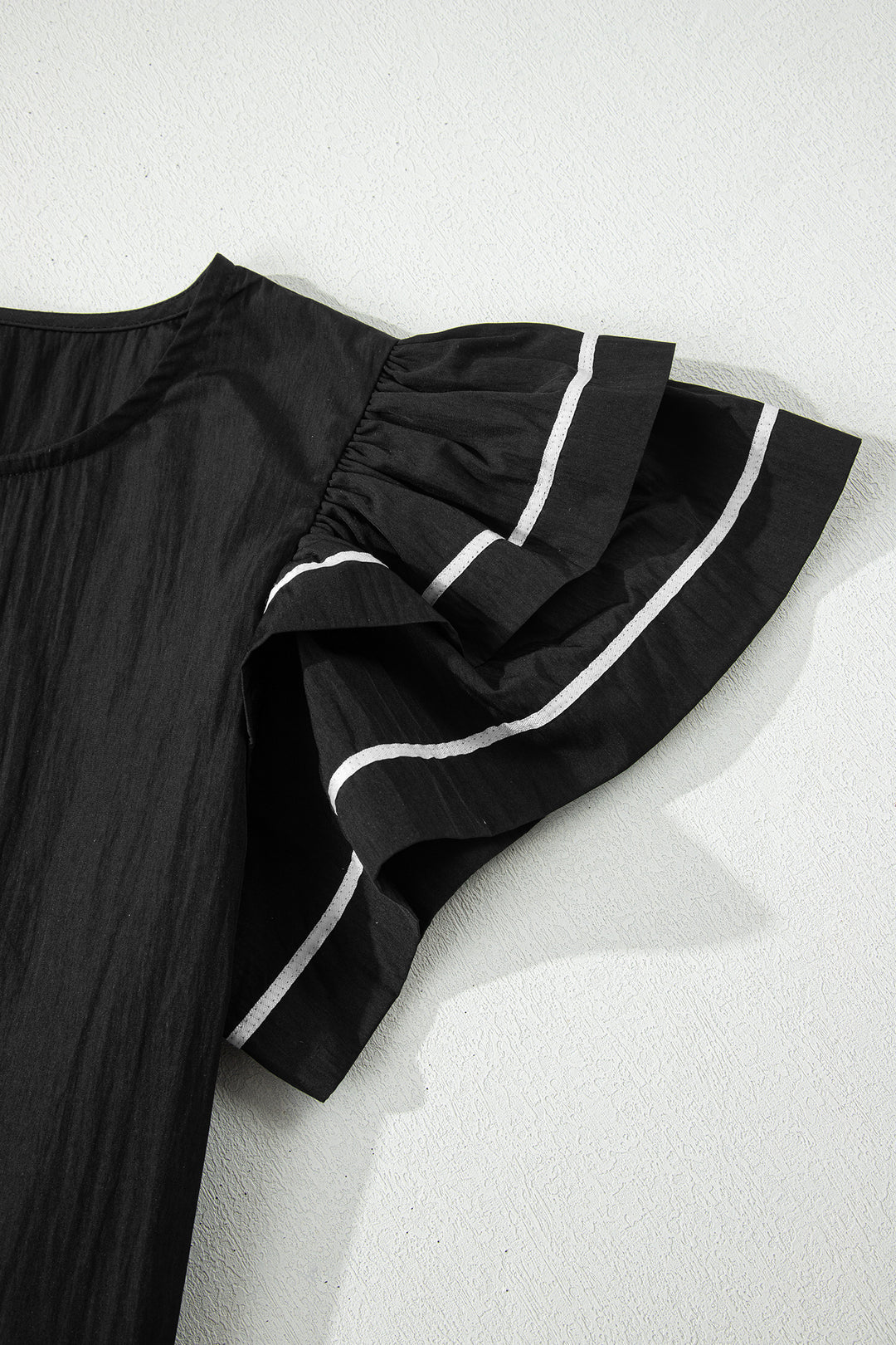 Black Contrast Trim Dual Ruffle Short Sleeve Textured Blouse - Lulubelles Clothing and Accessories