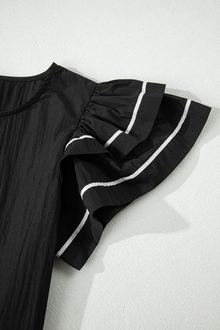 Black Contrast Trim Dual Ruffle Short Sleeve Textured Blouse - Lulubelles Clothing and Accessories
