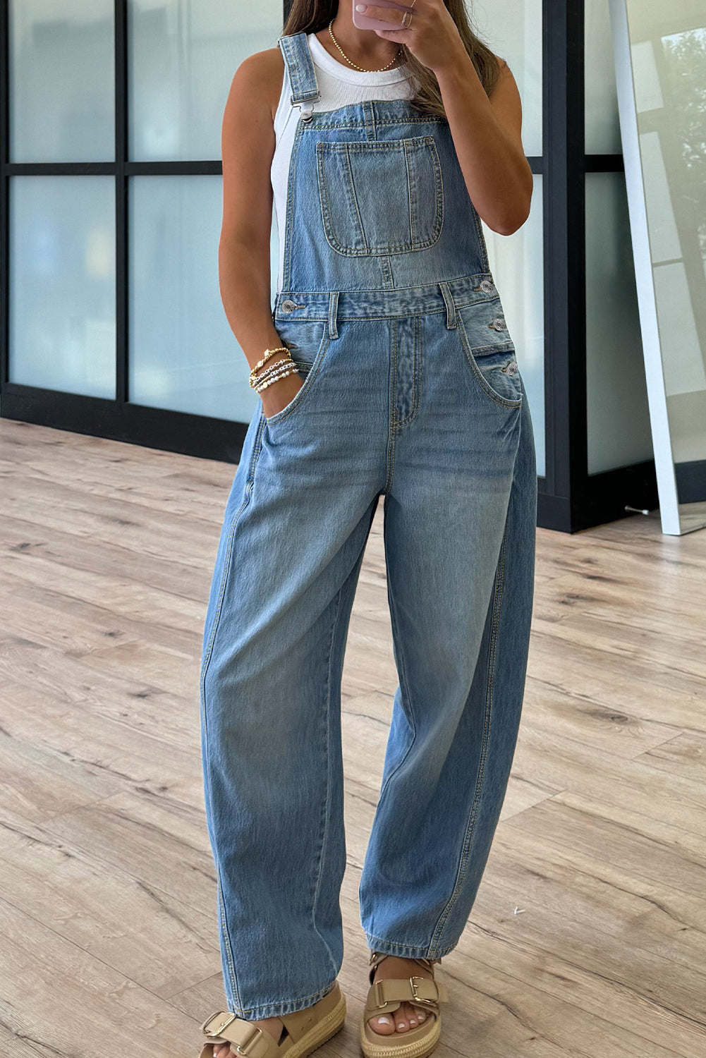 Dusk Blue Adjustable Buckle Barrel Denim Overalls - Lulubelles Clothing and Accessories