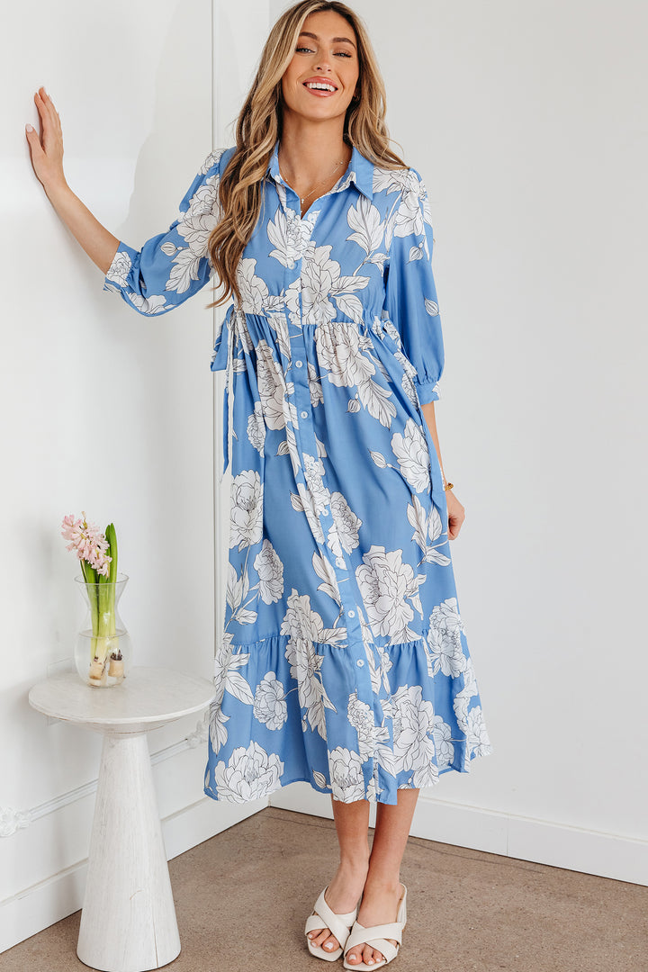 Sky Blue Floral Print Shirt Collar Button Down 3/4 Sleeve Ruffle Hem Long Dress - Lulubelles Clothing and Accessories