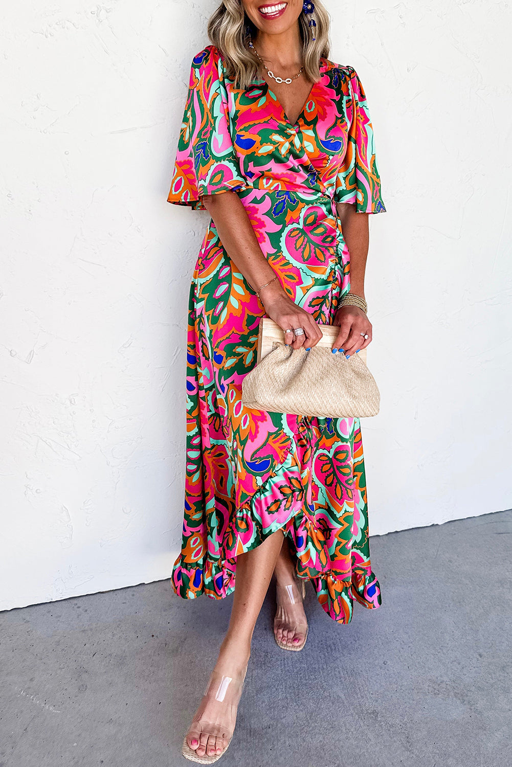 Rose Summer Plant Print Surpliced V Neck Ruffled Asymmetric Slit Wide Short Sleeve Maxi Dress - Lulubelles Clothing and Accessories
