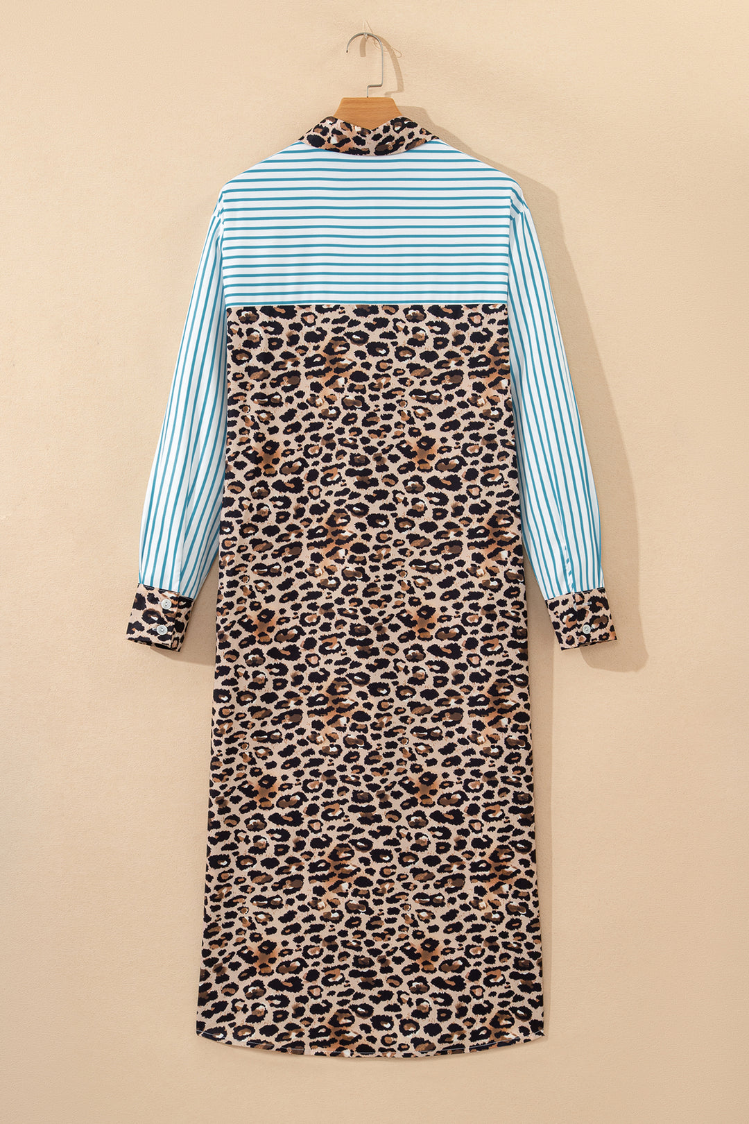 Sky Blue Stripe Contrast Leopard Patchwork Long Shirt Dress with Slits - Lulubelles Clothing and Accessories
