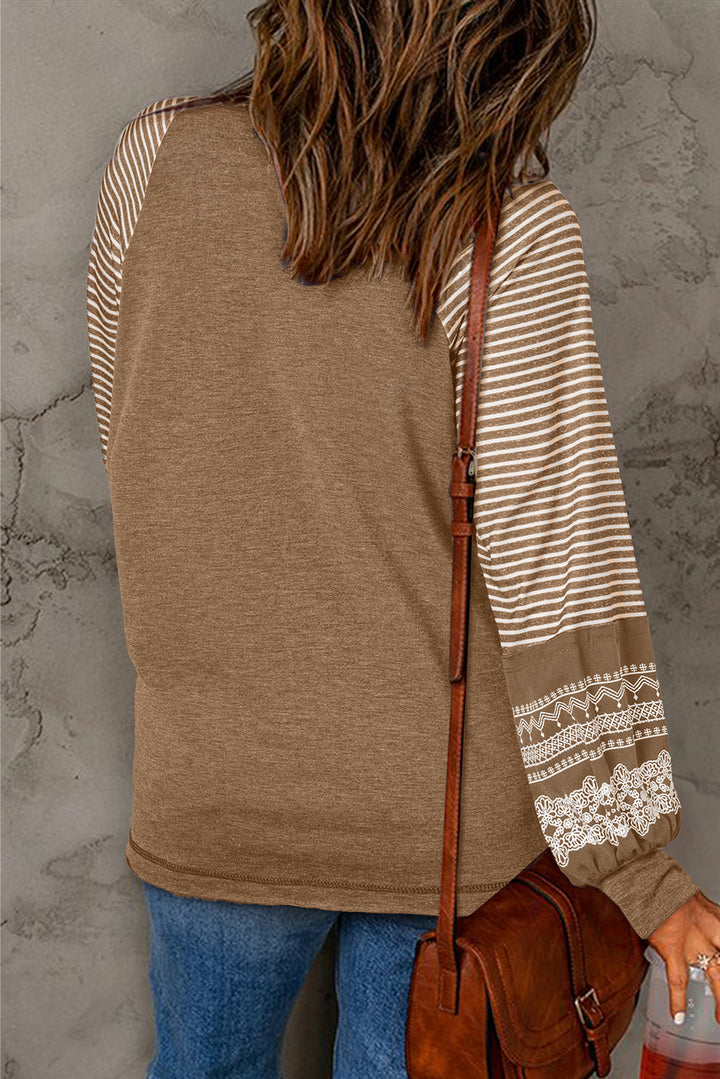 Navy Blue Contrast Print Striped Raglan Long Sleeve Loose Top