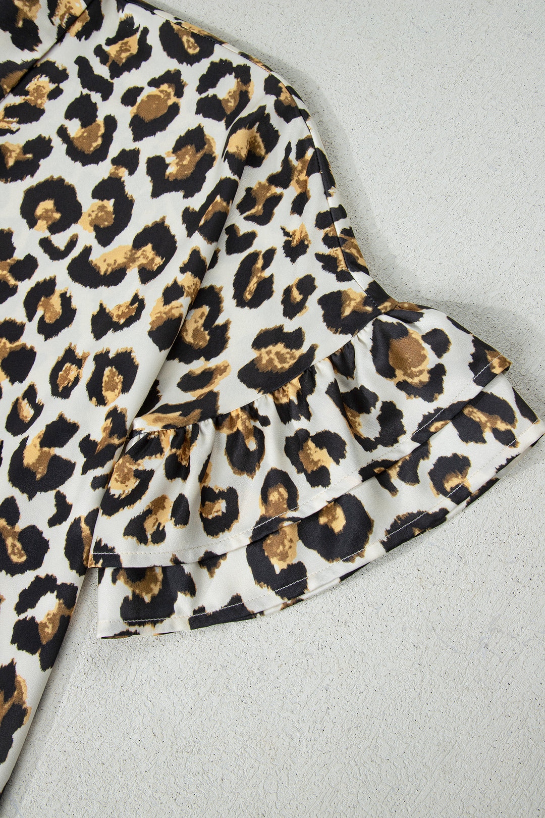 Khaki Leopard Print Ruffle Trim 3/4 Sleeve Loose Shirt - Lulubelles Clothing and Accessories