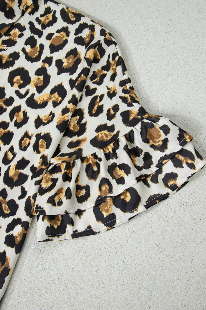 Khaki Leopard Print Ruffle Trim 3/4 Sleeve Loose Shirt - Lulubelles Clothing and Accessories