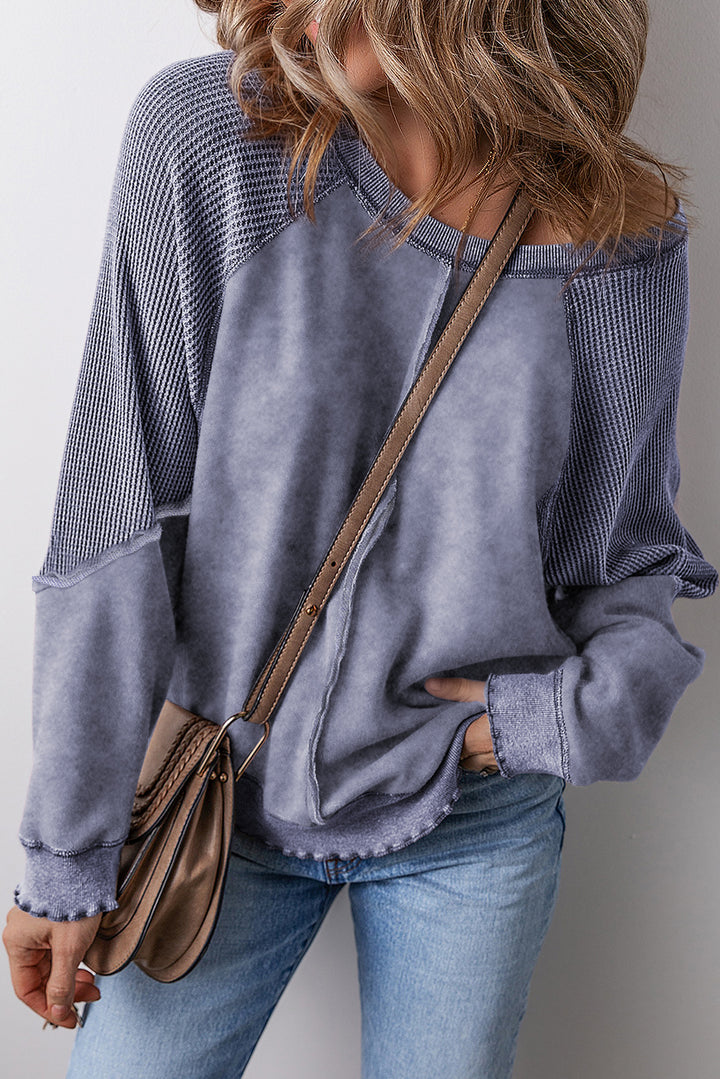 Light Grey Solid Waffle Knit Patchwork Raglan Sleeve Sweatshirt