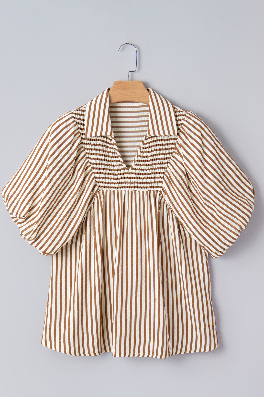 Brown Stripe Shirred V Neck Short Puff Sleeve Blouse - Lulubelles Clothing and Accessories