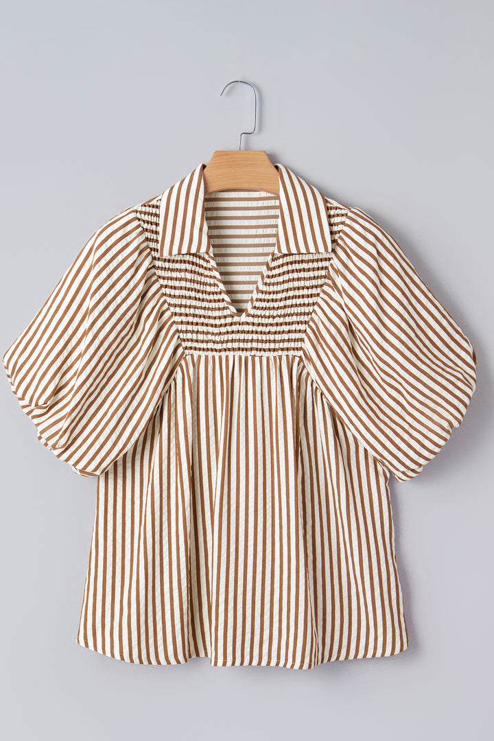 Brown Stripe Shirred V Neck Short Puff Sleeve Blouse - Lulubelles Clothing and Accessories