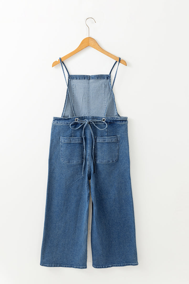 Dusk Blue Adjustable Tie Straps Cropped Wide Leg Denim Overalls - Lulubelles Clothing and Accessories