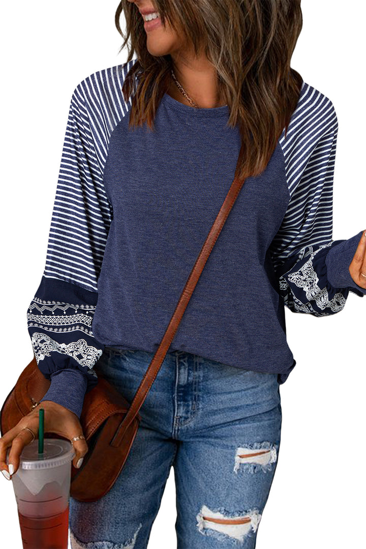 Navy Blue Contrast Print Striped Raglan Long Sleeve Loose Top