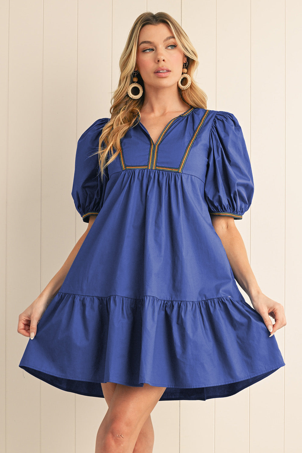 Bluing V-Neck Short Sleeve Pleated Mini Dress