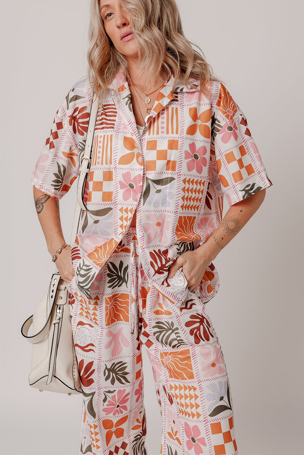 Orange Floral Checkered Print Collared Shirt and Wide Leg Pants Set