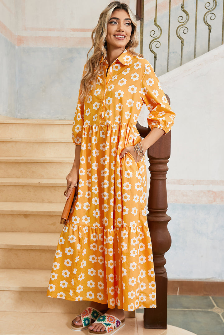 Yellow Flower Print Bracelet Sleeve Buttons Collared Maxi Dress