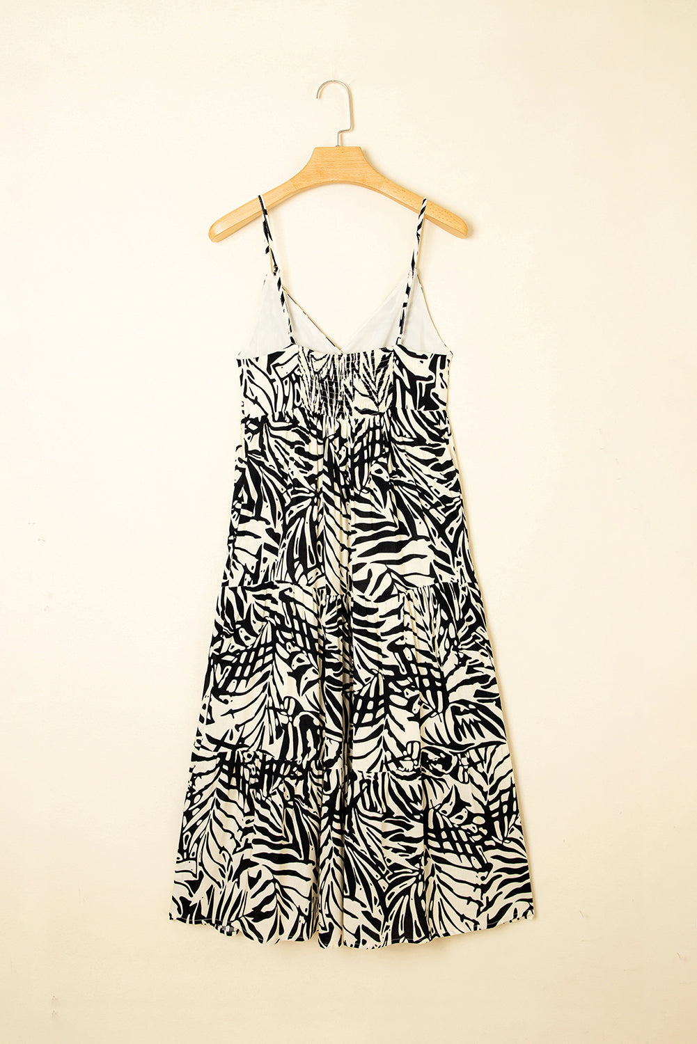 Khaki Tropical Palm Print Wrapped V Neck Spaghetti Straps Tiered Dress