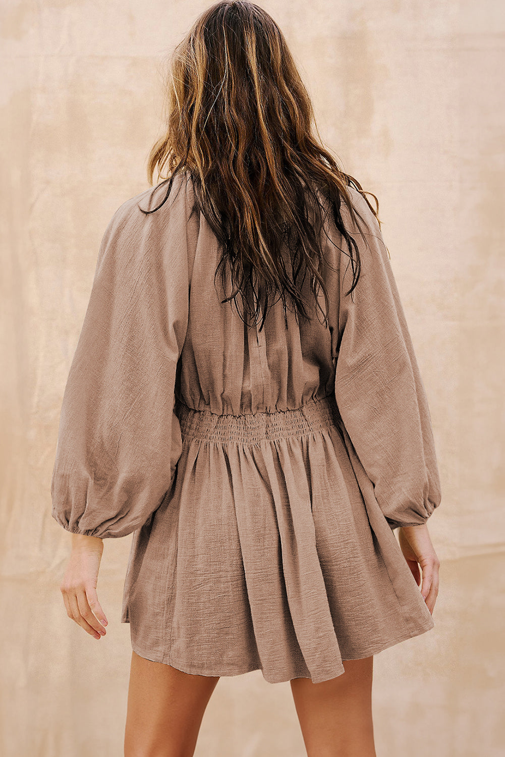 Smoke Gray Deep V Neck Bubble Sleeve Smocked Mini Dress - Lulubelles Clothing and Accessories