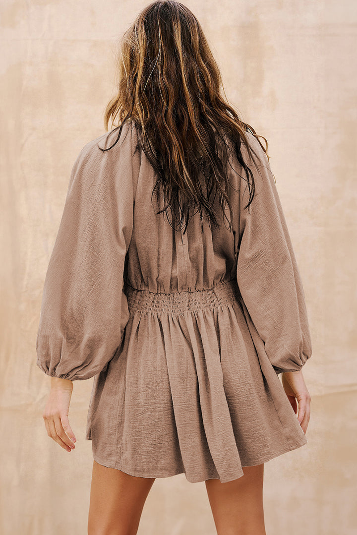 Smoke Gray Deep V Neck Bubble Sleeve Smocked Mini Dress - Lulubelles Clothing and Accessories