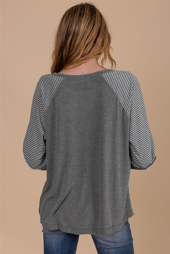 Navy Blue Contrast Print Striped Raglan Long Sleeve Loose Top