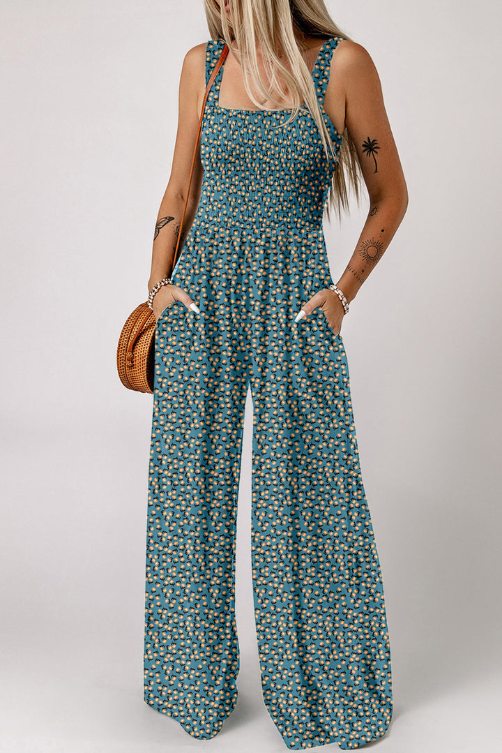 Purple Floral Square Neckline Stretch High Waist Jumpsuit