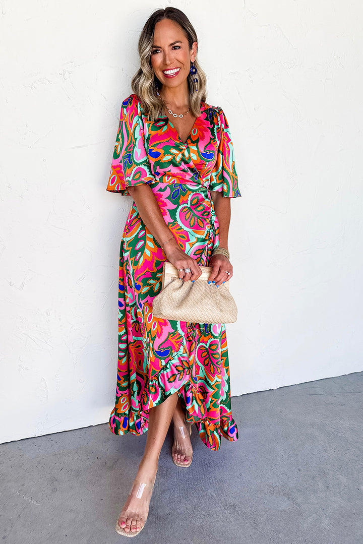 Rose Summer Plant Print Surpliced V Neck Ruffled Asymmetric Slit Wide Short Sleeve Maxi Dress - Lulubelles Clothing and Accessories