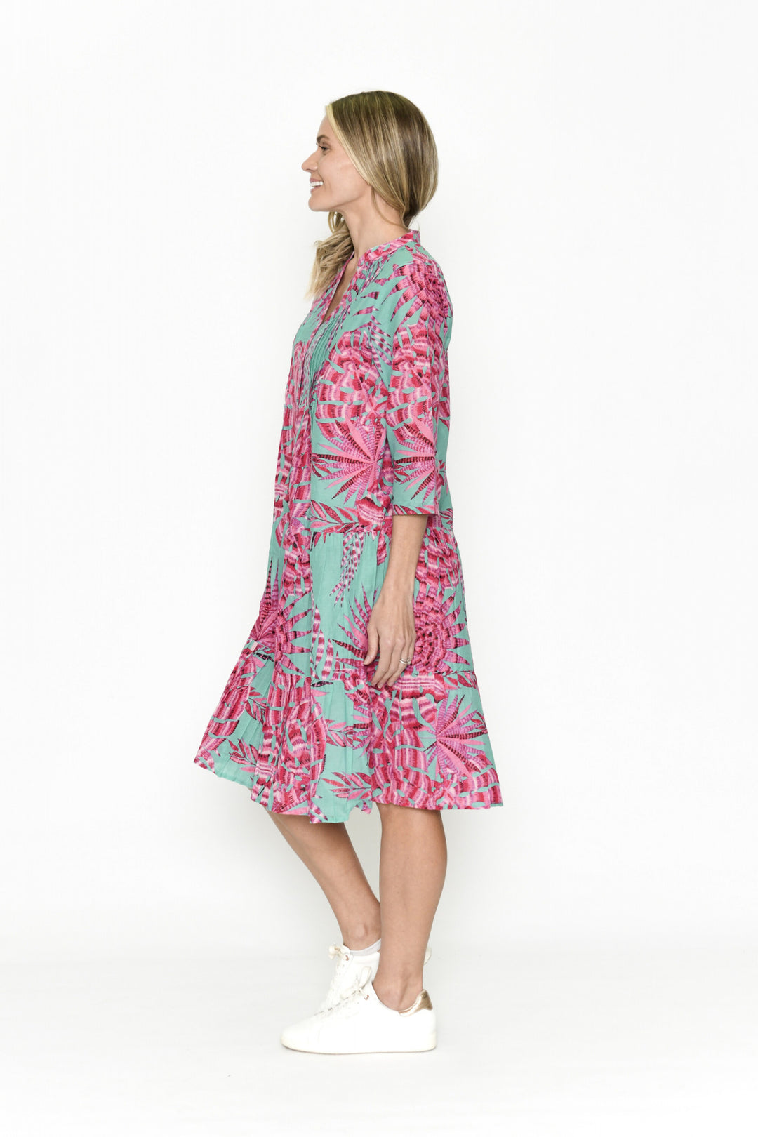 Beth Teal Pink Drop Waist Cotton Dress