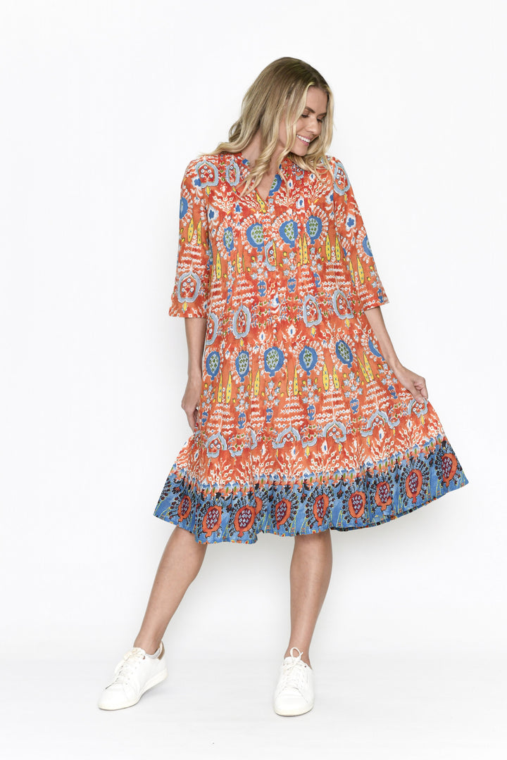 Beth Orange Abstract Drop Waist Cotton Shift Dress with Sleeves