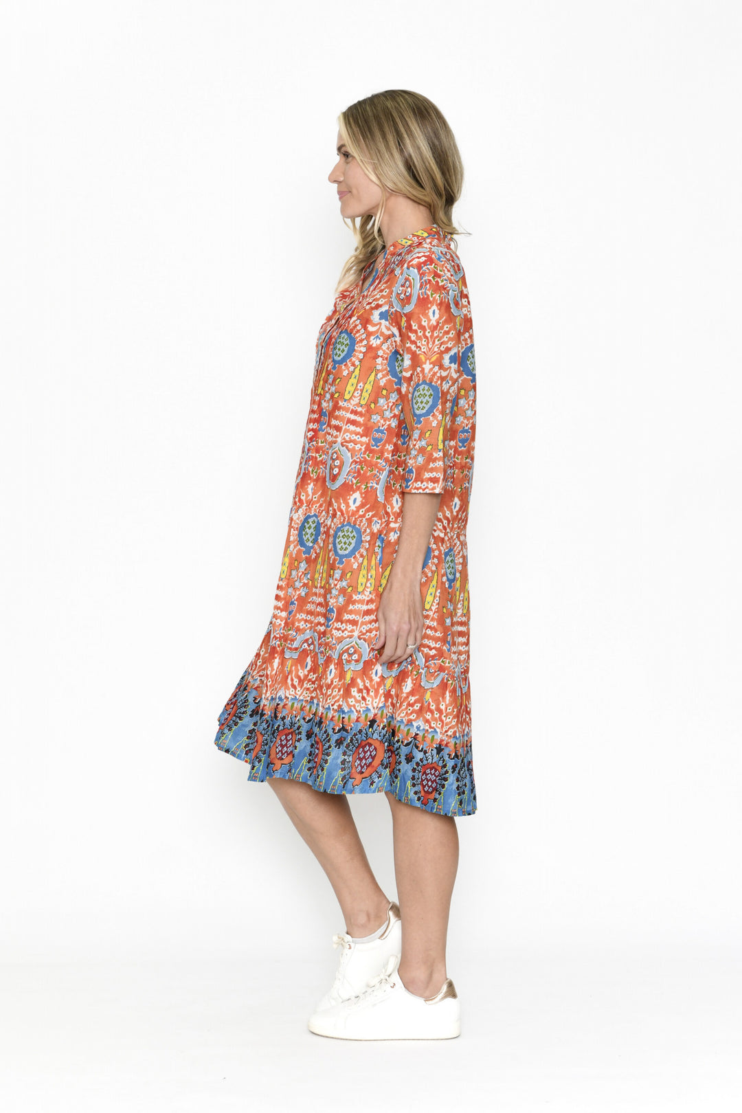 Beth Orange Abstract Drop Waist Cotton Shift Dress with Sleeves