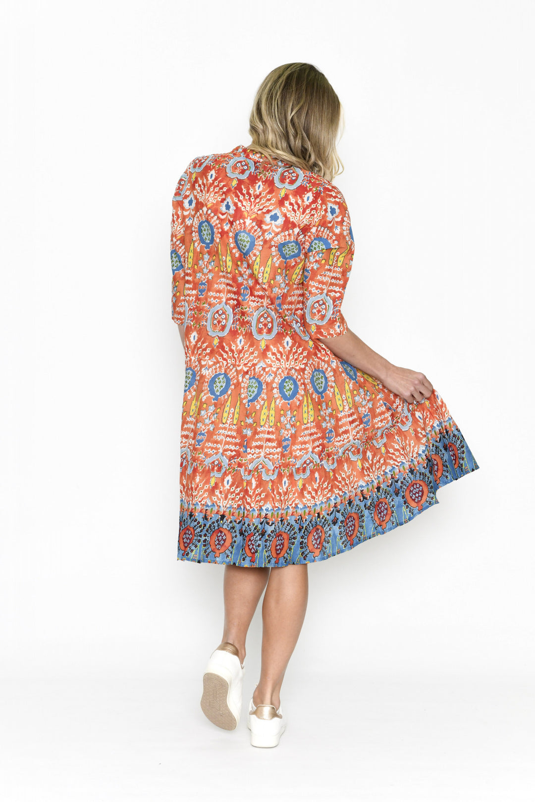 Beth Orange Abstract Drop Waist Cotton Shift Dress with Sleeves