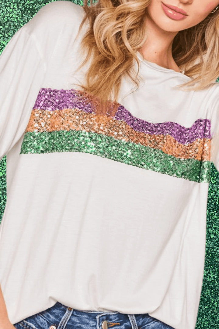 Black Colorblock Sequin Mardi Gras Crewneck T Shirt