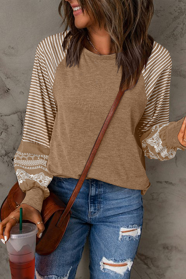 Navy Blue Contrast Print Striped Raglan Long Sleeve Loose Top